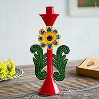 Recycled metal candle holder, 'Margarita Beauty in Red' - Recycled Metal Flower Candle Holder in Red from Peru