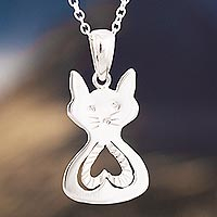 Sterling silver pendant necklace, 'Heart of the Cat' - Heart Pattern Cat-Shaped Sterling Silver Pendant Necklace