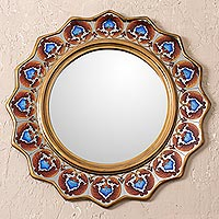 Reverse-painted glass wall mirror, 'Bouquet Star' - Starry Reverse-Painted Glass Wall Mirror from Peru