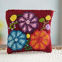 Wool coin purse, 'Cherry Garden' - Floral Embroidered Wool Coin Purse in Cherry from Peru