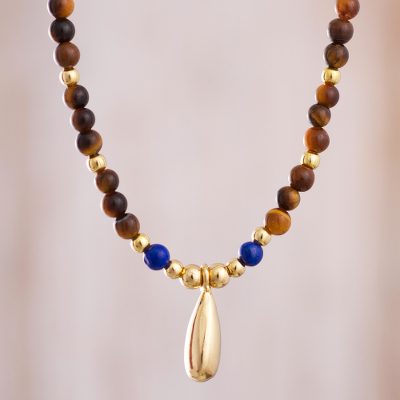 Gold accented tigers eye and lapis lazuli beaded pendant necklace, Stellar Gleam