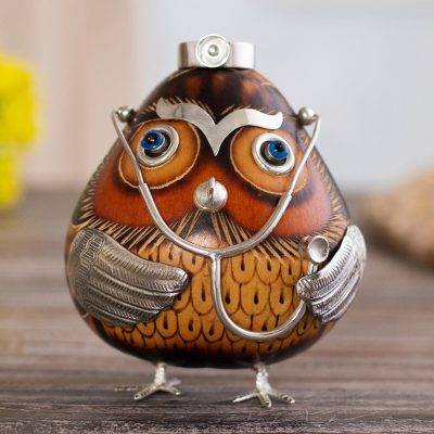 Sterling silver accented gourd figurine, 'Male Owl Doctor in Brown' - Sterling Silver and Gourd Male Owl Doctor Figurine in Brown