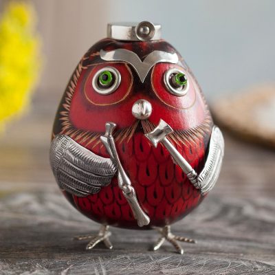 Sterling silver-accented gourd figurine, 'Owl Traumatologist' - Sterling Silver and Red Gourd Owl Traumatologist Figurine