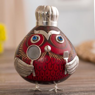 Sterling silver and gourd figurine, Male Owl Chef in Red