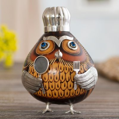 Sterling silver and gourd figurine, Male Owl Chef in Brown