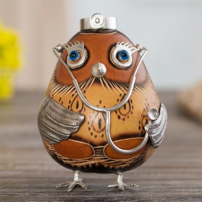 Sterling silver and gourd figurine, Female Owl Doctor in Brown