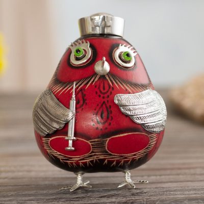 Sterling silver and gourd figurine, Owl Nurse in Red