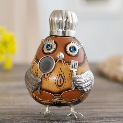 Sterling silver and gourd figurine, Female Owl Chef in Brown