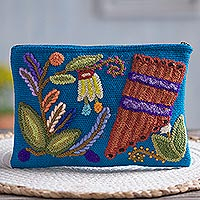 Wool clutch, 'Nature's Flute' - Music-Themed Embroidered Wool Clutch from Peru