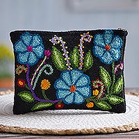 Wool clutch, 'Floral Nature' - Blue Floral Embroidered Wool Clutch from Peru
