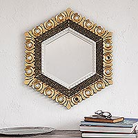 Wood wall mirror, 'Sublime Hex' - Peruvian Bronze Leaf Wood Wall Mirror in a Hexagon Shape