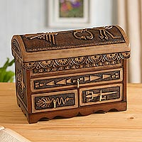 Leather and cedar wood jewelry chest, 'Nazca Mysteries' - Nazca Pattern Leather and Cedar Wood Jewelry Chest from Peru