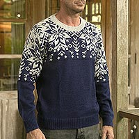 Men's 100% alpaca pullover, 'Snowflake Dimension' - Snowflake Pattern Men's 100% Alpaca Pullover from Peru