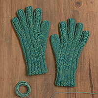 100% alpaca gloves, 'Winter Delight in Jade' - 100% Alpaca Gloves in Jade from Peru