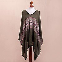 Cotton blend poncho, 'Olive Andes' - Geometric Cotton Blend Poncho in Olive from Peru