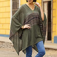 Cotton blend poncho, 'Olive Mountain' - Woven Cotton Blend Poncho in Olive Green from Peru