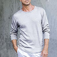 Men's Crew Neck Cotton Blend Pullover in Pearl Grey,'Classic Warmth in Pearl Grey'