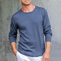 Men's cotton blend pullover, 'Casual Comfort in Indigo' - Men's Crew Neck Cotton Blend Pullover in Indigo from Peru