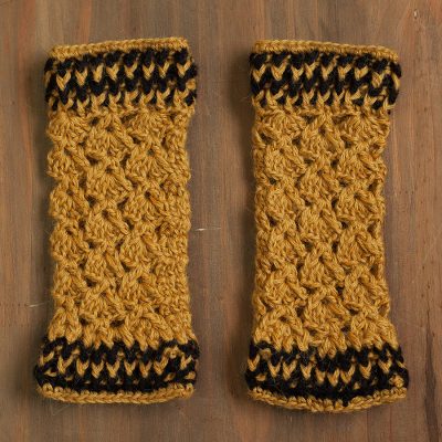 100% alpaca fingerless mitts, 'Cuzco Honey' - Hand-Crocheted 100% Alpaca Fingerless Mitts in Honey
