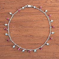 Agate charm anklet, 'Festive Planets' - Blue and Fuchsia Agate Charm Anklet from Peru