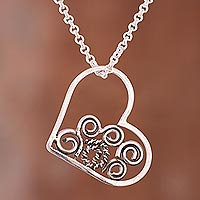Silver pendant necklace, 'Magnificent Heart' - Swirl Pattern Silver Heart Pendant Necklace from Peru