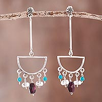 Multi-gemstone chandelier earrings, 'Glorious Half-Circles' - Half-Circle Multi-Gemstone Chandelier Earrings from Peru