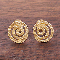 Gold plated sterling silver button earrings, 'Andean Cosmos' - Handmade Gold Plated Sterling Silver Button Earrings