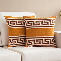 Wool cushion covers, 'Greca Dreams' (pair) - Spiral Pattern Wool Cushion Covers from Peru (Pair)