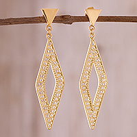Gold plated sterling silver filigree dangle earrings, 'Diamond Tradition' - Diamond-Shaped Gold Plated Sterling Silver Filigree Earrings