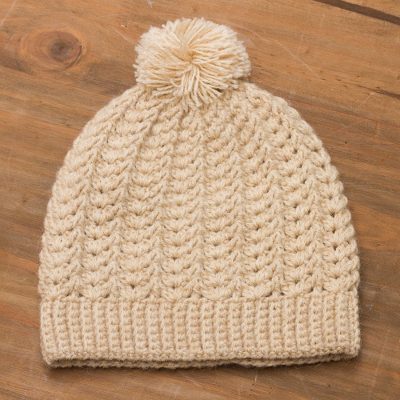 Alpaca blend hat, 'Sweet Alabaster' - Hand-Crocheted Alpaca Blend Hat with a Pompom from Peru