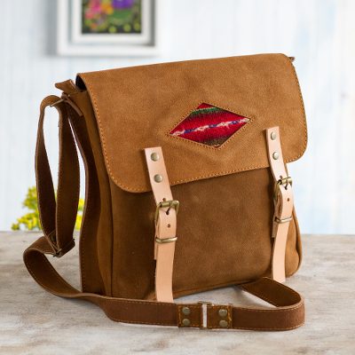 Suede messenger bag, 'Sepia Business' - Wool Accented Suede Messenger Bag in Sepia from Peru