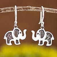 Sterling silver filigree dangle earrings, 'Fancy Elephant' - Sterling Silver Elephant with Filigree Dangle Earrings