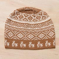 Alpaca blend knit hat, 'Alpaca Parade in Cinnamon' - Cinnamon Brown and Ivory Diamond Motif Alpaca Blend Knit Hat