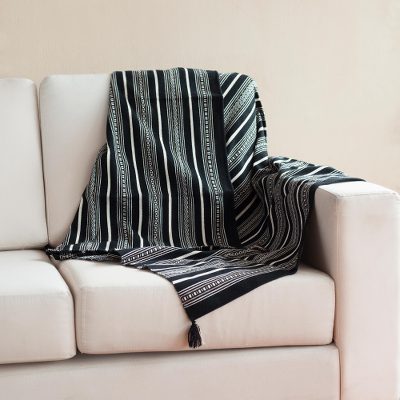 Alpaca blend throw, 'Night Leopard' - Black and White Striped Alpaca Blend Throw from Peru