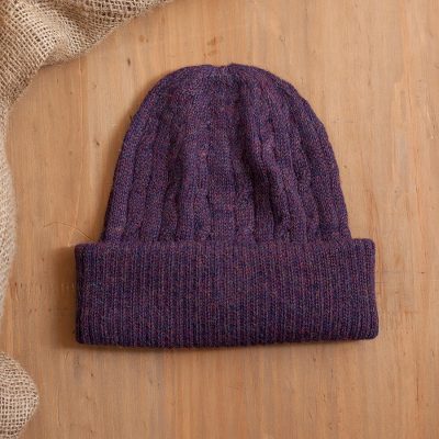 100% alpaca knit hat, 'Comfy in Purple' - Aubergine Purple 100% Alpaca Soft Cable Knit Hat from Peru