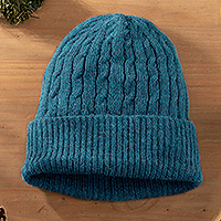 100% alpaca knit hat, 'Comfy in Blue' - Robin's Egg Blue 100% Alpaca Soft Cable Knit Hat from Peru