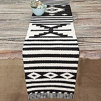 Wool table runner, 'Geometric Illusion' - Black and Alabaster Geometric Striped Table Runner from Peru