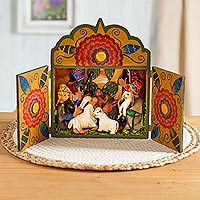 Ceramic and wood retablo, 'Andean Celebration' - Animal-Themed Nativity Ceramic and Wood Retablo from Peru