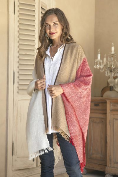 Suede accented 100% baby alpaca ruana, 'Fantastic Combination' - Tri-Color Suede Accented 100% Baby Alpaca Ruana from Peru
