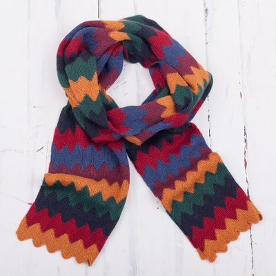 Alpaca blend scarf, 'Festive Zigzags' - Knit Zigzag Alpaca Blend Wrap Scarf from Peru