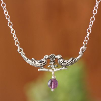Amethyst pendant necklace, Lovebirds