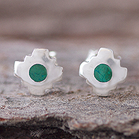 Chrysocolla stud earrings, 'Petite Cosmovision' - Chrysocolla Chakana Cross Stud Earrings Crafted in Peru