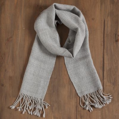 100% alpaca scarf, 'Fascinating Pattern' - Patterned 100% Alpaca Wrap Scarf in Smoke from Peru