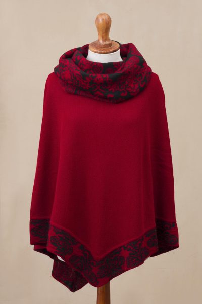Alpaca blend poncho, 'Sublime Surround' - Crimson Red and Black Alpaca Blend Knit Cowl Neck Poncho