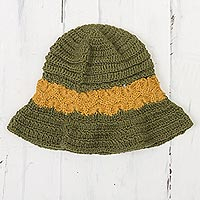 100% alpaca crocheted hat, 'Sunshine Field' - 100% Alpaca Olive and Yellow Hand Crocheted Flared Brim Hat