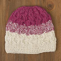 100% alpaca crocheted hat, 'Berries and Cream' - Fuchsia and White 100% Alpaca Hand Crocheted Cable Hat