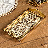 Reverse-painted glass tray, 'Golden Colonial' - Gold-Tone Reverse-Painted Glass Tray from Peru