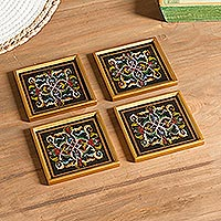 Reverse-painted glass coasters, 'Colonial Intricacy' (set of 4) - Floral Reverse-Painted Glass Coasters (Set of 4)