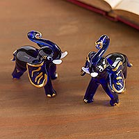 Blown glass figurines, 'Gilded Elephants in Blue' (pair) - Gilded Blown Glass Elephant Figurines in Blue (Pair)