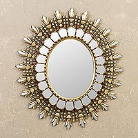 Wood wall mirror, 'Oval Colony' - Wood Wall Mirror with Bronze Leaf from Peru
